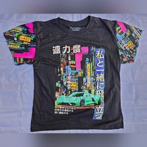 Fresh Laundry Black Graphic T-Shirt - racing Tokyo - Sz L